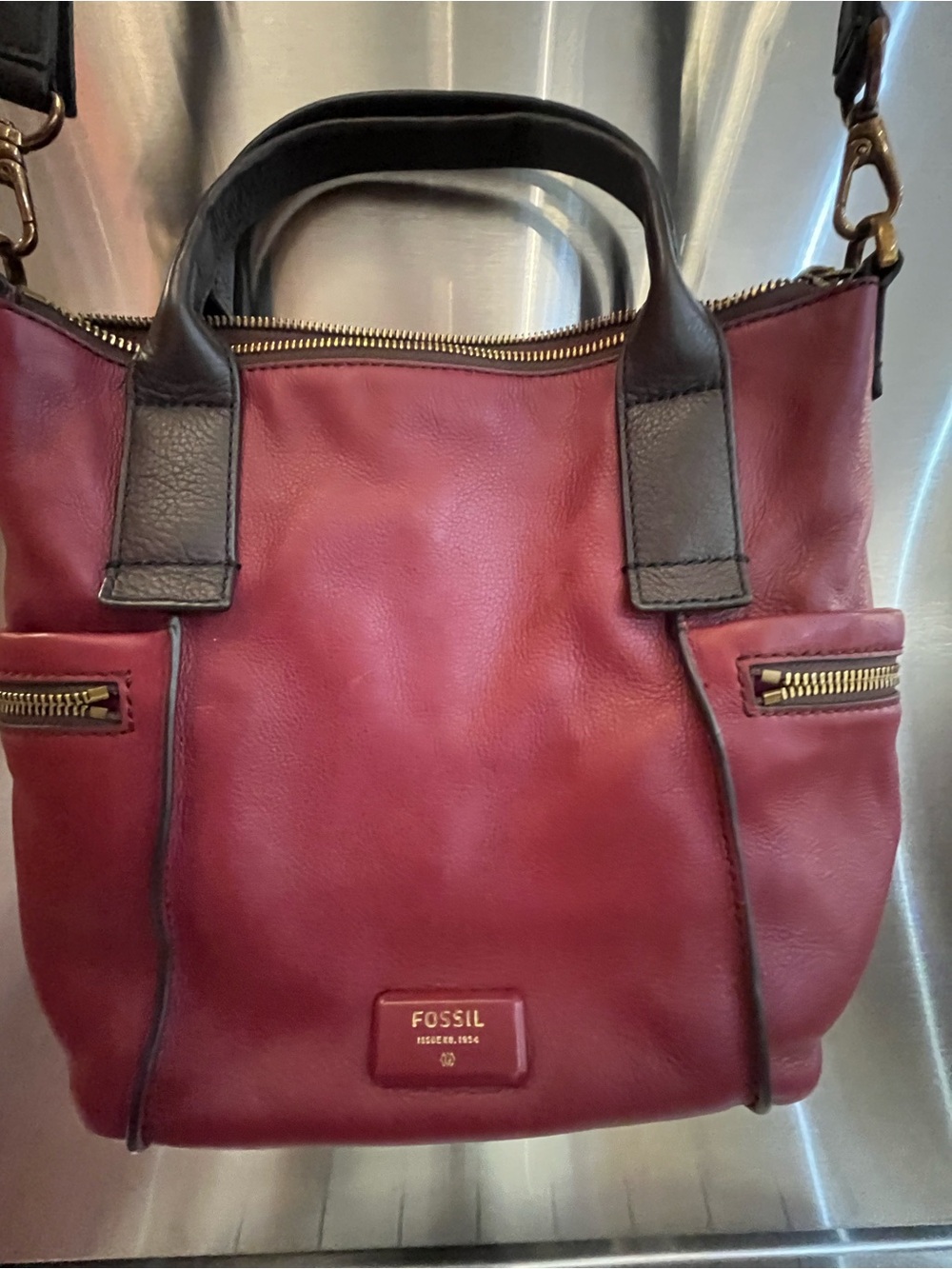 Fossil Emerson Burgundy, Brown Leather Shoulder Crossbody Bag EUC - Picture 2 of 16